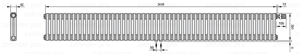 Схема (чертеж) Радиатор Zehnder Charleston 2035/53 №V008 Белый глянцевый RAL 9016